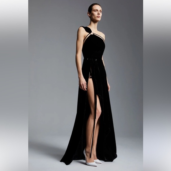 Mugler Dresses & Skirts - Mugler One Shoulder Velvet High Low Gown in Black - Size 6